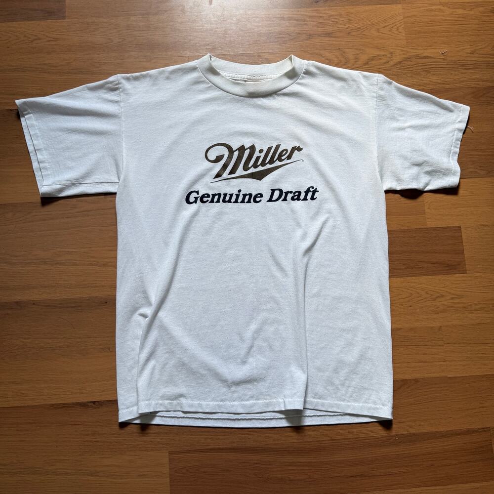 Men's Vintage 80's Miller Genuine Draft Beer White Gold Thin Tee Shirt Sz XL VTG